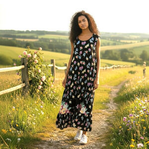 VTG Victoria Holly Maxi Floral Dress‎ PL Crinkle Sheer Boho Cottage Core Y2K 90s